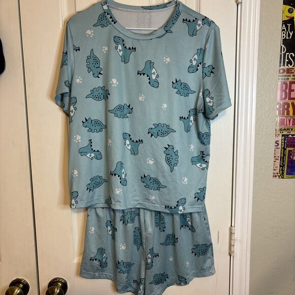 Large Blue Dinosaur Print Pajama Set Short Sleeve Top & Shorts - Picture 1 of 7
